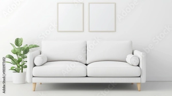 Fototapeta Scandinavian Living Room Display, a spacious interior featuring a white sofa, adorned with elegant posters, showcasing modern design aesthetics in a serene atmosphere.