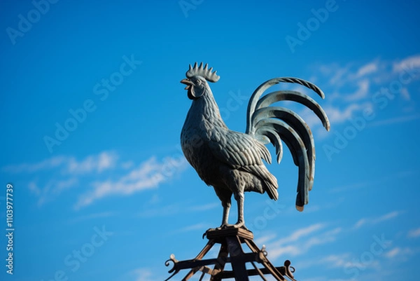 Fototapeta A striking image of a traditional weathercock perched atop a pointed rooftop, silhouetted against a clear blue sky