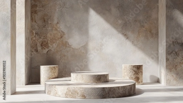 Fototapeta A minimalist interior with circular stone platforms and textured walls, emphasizing simplicity.