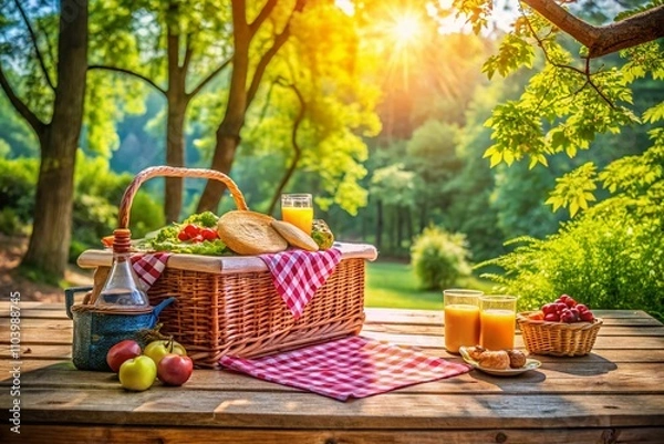 Fototapeta Wicker Picnic Basket on a Rustic Picnic Table at a Scenic Campsite Surrounded by Lush Nature and Vibrant Greenery, Perfect for Outdoor Gatherings and Relaxation