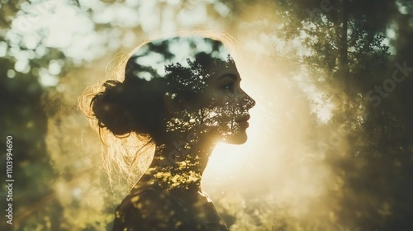 Obraz A woman in natural double exposure with rising sunlight, representing personal growth, belief, and positivity