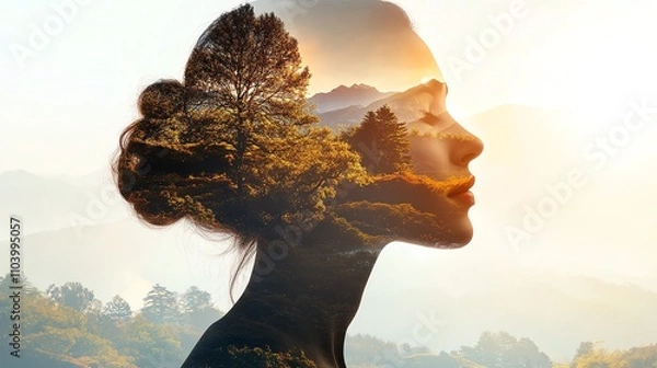 Obraz Confident woman in natural double exposure with mountains and sunlight, embodying self-care, growth, and unwavering belief