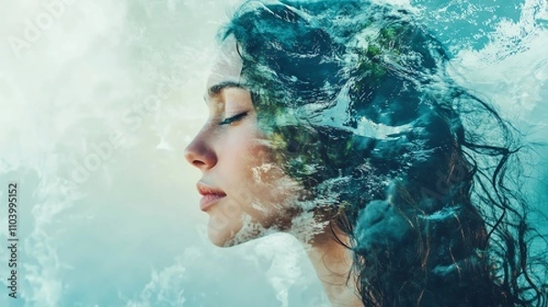 Obraz Mindful woman in natural double exposure with flowing water, embodying awareness, transformation, and inner clarity