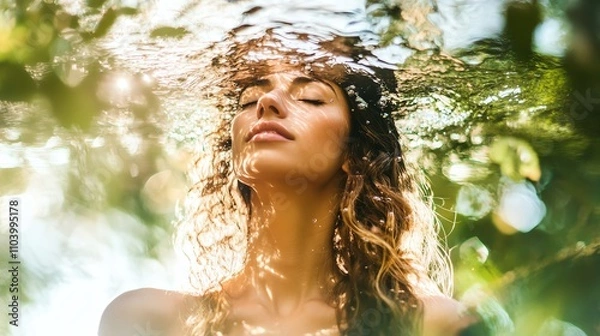 Obraz Mindful woman in natural double exposure with flowing water, embodying awareness, transformation, and inner clarity