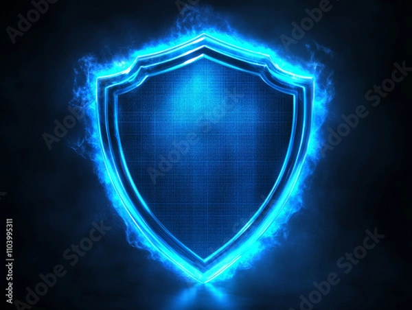 Fototapeta blue neon shield icon glowing against dark background, symbolizing protection and security. vibrant light creates striking visual effect, enhancing sense of safety