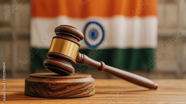 Fototapeta Elegant Wooden Gavel on Sound Block with Indian Flag, Legal Authority Symbol in Judiciary Setting Concept Law and Justice in India