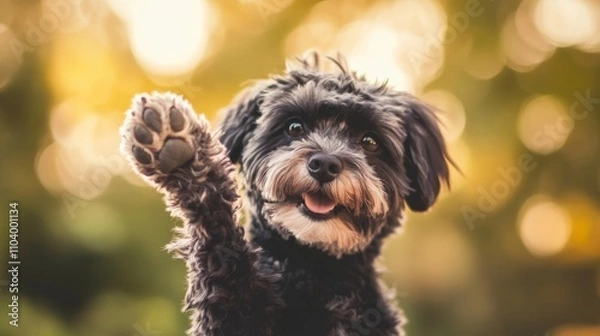 Obraz Photograph of dog playfully holding up a paw, symbolizing healthy feet.