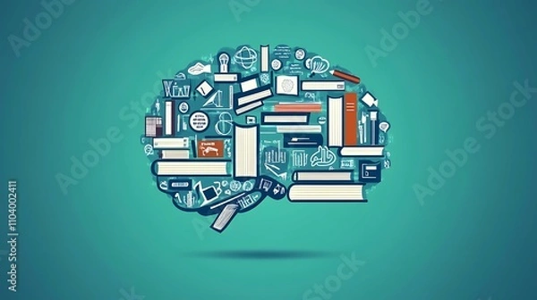 Fototapeta Abstract brain made of books and educational icons, representing learning and intellectual growth