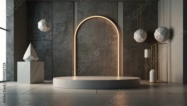 Fototapeta 3D studio with geometric shapes and a podium, perfect for product displays.