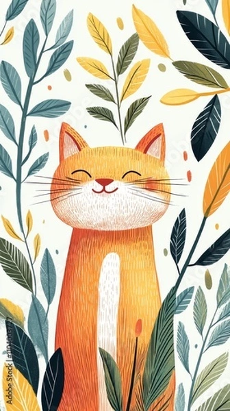 Fototapeta Small joyful cat, in the style of minimalistic drawings, ultrafine detail