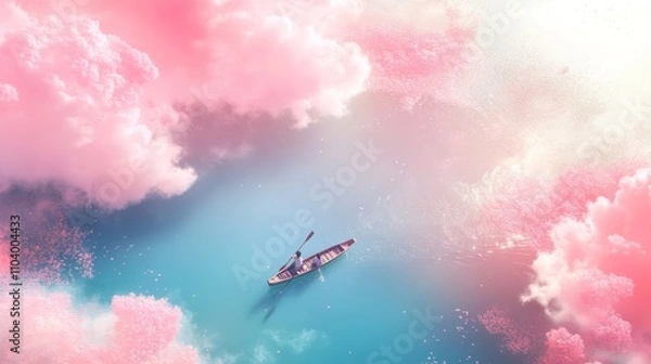 Fototapeta Chinese drama 'pink-colored lake' features pink clouds and blue water, with an aerial view of 1 people rowing in a boat