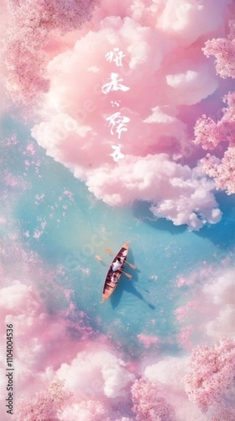 Obraz Chinese drama 'pink-colored lake' features pink clouds and blue water, with an aerial view of 1 people rowing in a boat