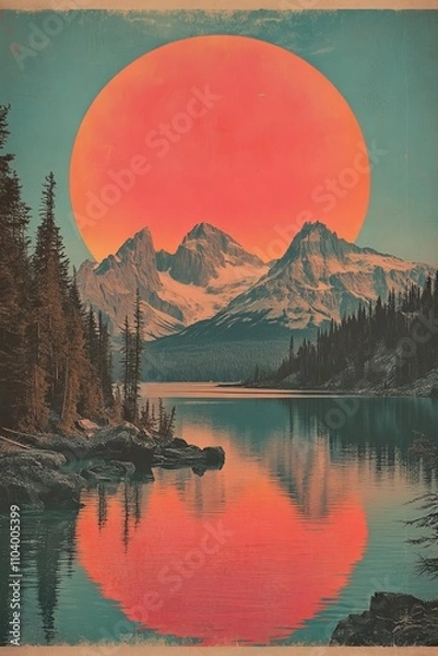 Obraz Vintage band tour poster, vibrant colours, scenery with lake in foreground and mountains in background theme