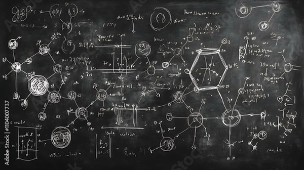 Fototapeta Blackboard background with handwritten chemistry and physics equations, including molecule and energy diagrams