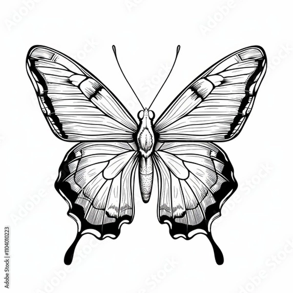 Fototapeta Intricate black and white illustration of a butterfly, showcasing detailed wing patterns and graceful symmetry.