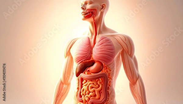 Fototapeta High-Resolution 3D Illustration of the Human Digestive System with Labeled Organs for Medical and Educational Use. Anatomy of human body