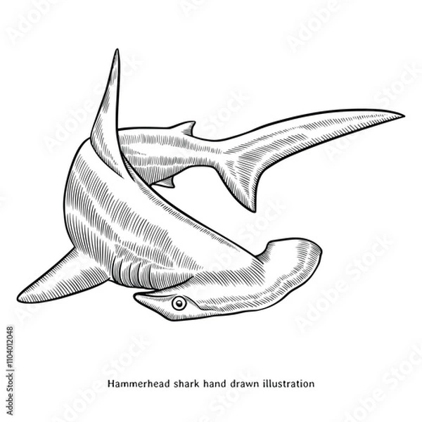 Fototapeta Hammerhead shark illustration. Hammerhead shark hand drawn illustration in vintage style. Hammerhead shark sketch drawing