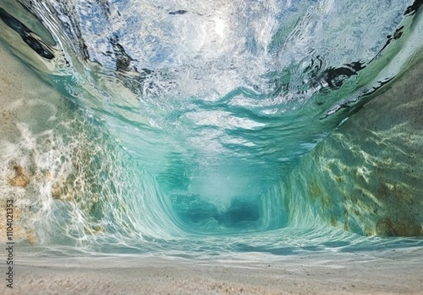 Fototapeta Tranquil Underwater Scene Featuring Sunlight Filtering Through Clear Water with a Gentle Flow Over Sandy Bottom in Tropical Paradise