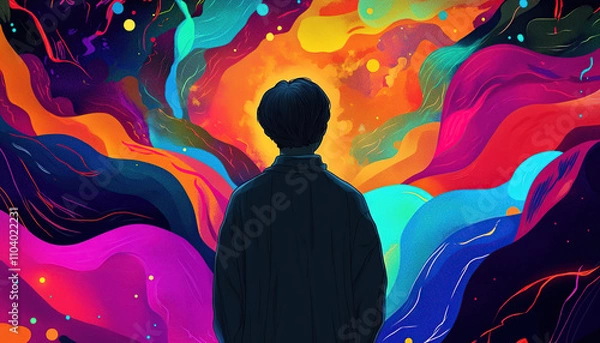 Fototapeta A figure standing in a surreal colorful landscape of emotions