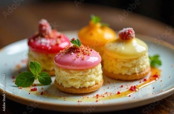 Obraz A beautiful festive cake on the background of a Christmas tree. A set of various cakes in chocolate, with sprinkles, with nuts, with berries, with cream, with cream, with cottage cheese.