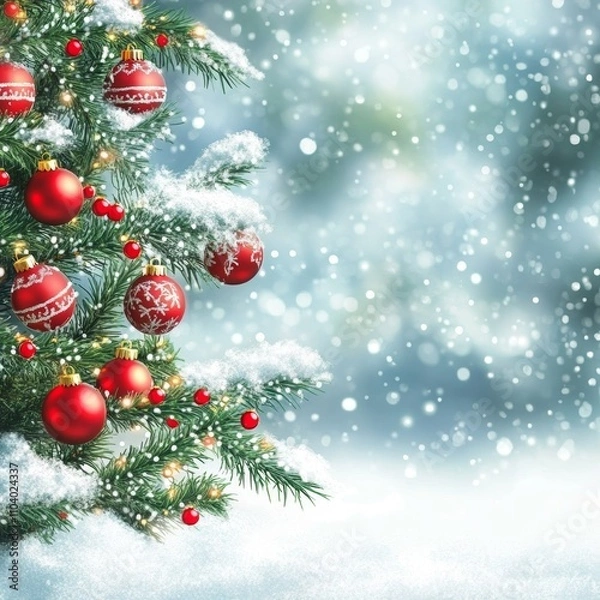 Fototapeta A festive Christmas tree adorned with vibrant red ornaments, glistening under a soft blanket of fresh snow, creating a magical winter wonderland.