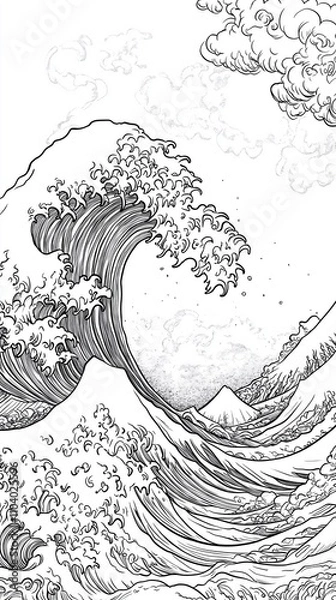 Fototapeta Intricate coloring page inspired by Hokusai's 'Great Wave', with detailed waves, clouds, and boats.