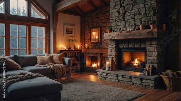Fototapeta charming home interior in a living room in a lo-fi style, where they peacefully relax and listen to music, Christmas attributes,