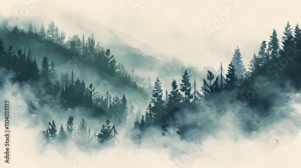 Fototapeta Misty Mountain Forest Scene With Evergreen Trees