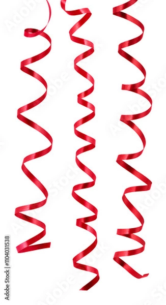Obraz Set of red serpentine curled ribbons isolated on transparent background. Red serpentine streamers for Valentine day or New Year holiday party design. Serpentine carnival decoration for party design..
