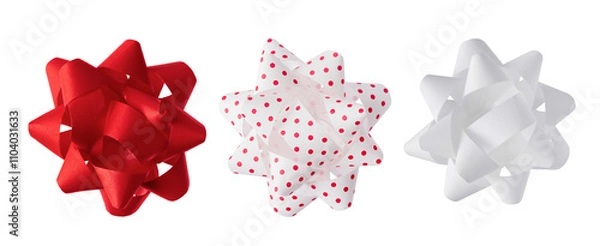 Fototapeta Collection of tied fluffy bows for wrapping gifts isolated on transparent background. Set of paper tired bow ribbon as design elements for wrapping present. Colourful gift bows for design.