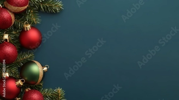 Fototapeta Twinkling Christmas ornaments sparkle against a lush green backdrop, creating a festive atmosphere filled with cheer and holiday spirit.