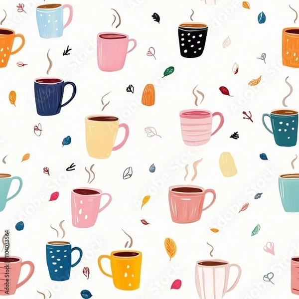 Fototapeta Hand-drawn coffee mugs and steam curls, seamless pattern, soft tones, whimsical and charming aesthetic