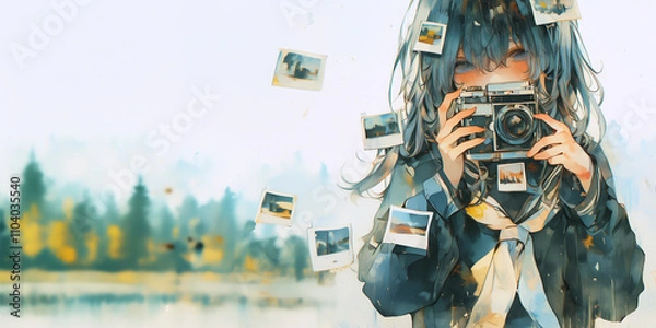 Obraz インスタントカメラで写真を撮る女性。水彩画。イラスト。