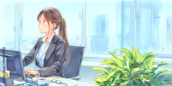 Obraz オフィスで働く女性。微笑むOL。水彩画。イラスト。