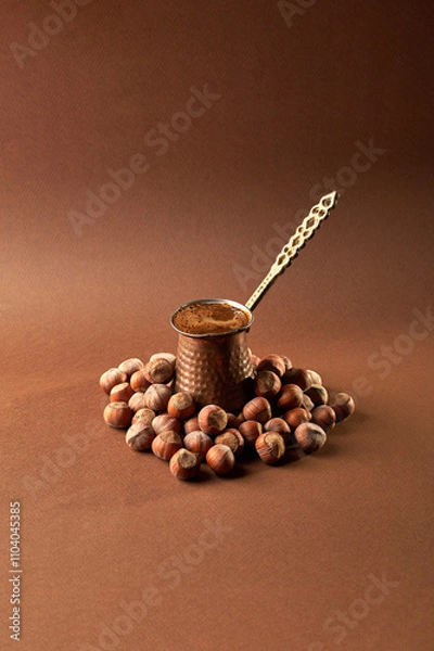 Obraz dark coffee  surrounded by roasted hazelnuts 