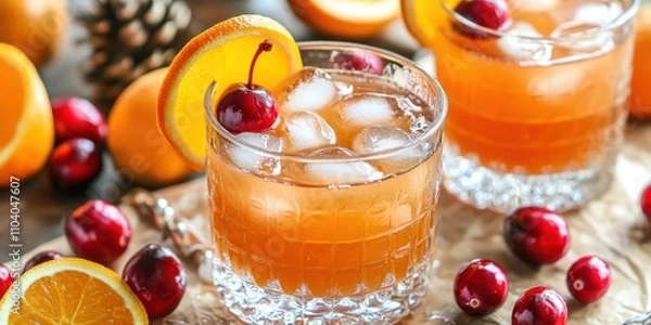 Fototapeta Spiced cranberry whiskey sour with whiskey, lemon juice, and cranberry syrup, garnished with a cherry and orange slice