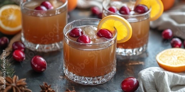Fototapeta Spiced cranberry whiskey sour with whiskey, lemon juice, and cranberry syrup, garnished with a cherry and orange slice