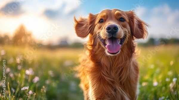 Fototapeta Happy golden retriever running in a sunny field during late afternoon
