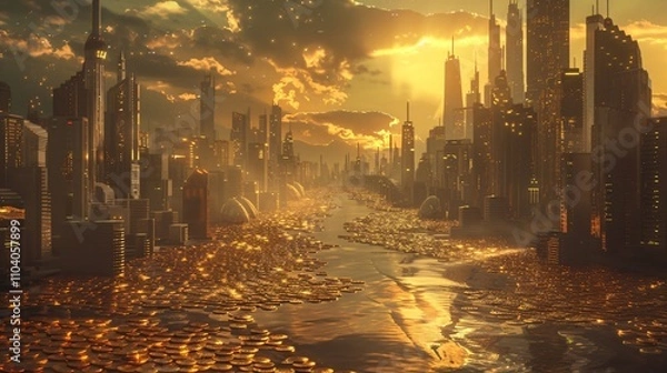 Fototapeta Futuristic and dystopian cityscape with towering skyscrapers crumbling infrastructure and a polluted dramatic environment at dusk  The scene depicts a gritty post apocalyptic urban setting