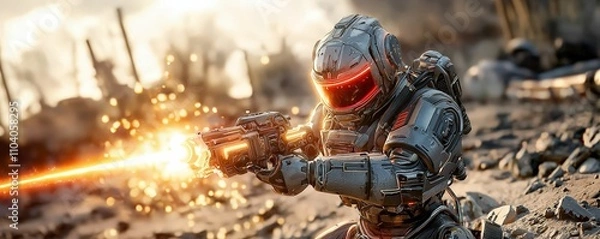 Fototapeta dystopia society concept. A futuristic soldier in armor fires a laser weapon amidst a desolate landscape, highlighting a sci-fi battle scene with explosive effects.
