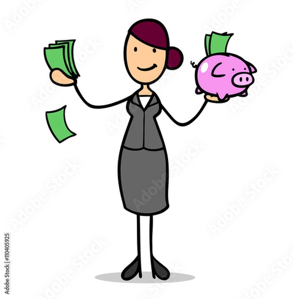 Obraz Geschäftsfrau mit Geld und Sparschwein
