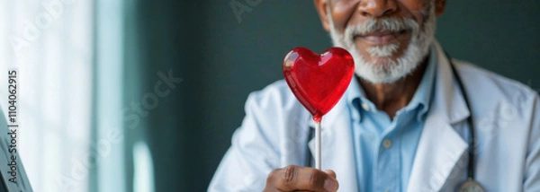 Fototapeta banner close-up of a dark- skinned elderly doctor in a white medical gown and a stethoscope around her neck holds in her hand a red lollipop in the shape of a heart on a white stick
