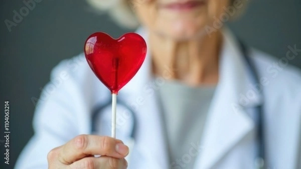 Fototapeta close-up of an elderly doctor in a white medical gown and a stethoscope around her neck holds in her hand a red lollipop in the shape of a heart on a white stick