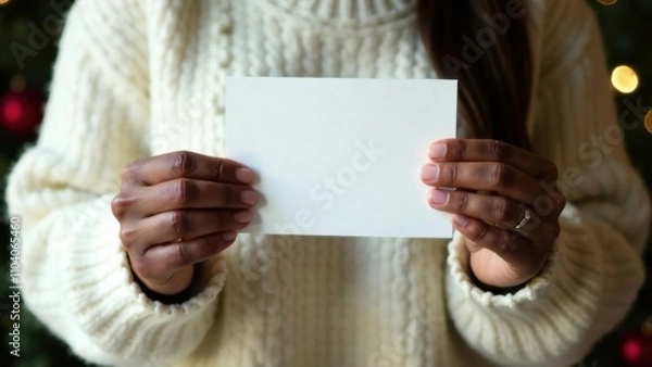 Fototapeta close-up of a dark- skinned woman in a white sweater holds in her hands a postcard with space for text, Christmas  concept