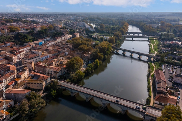 Fototapeta Bridges of Béziers on the Orb River, in Hérault, Occitanie, France.