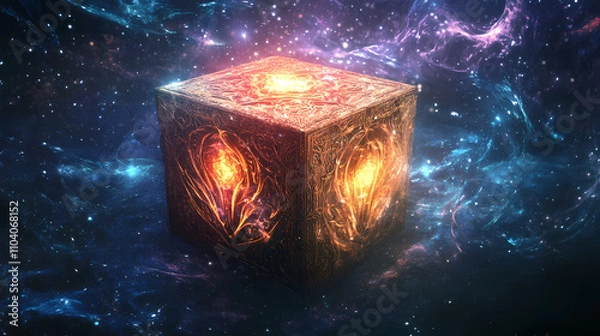 Fototapeta Mysterious gift box with intricate carvings and an otherworldly aura, mystical power, mystical presence, mysterious energy. Otherworldly. Illustration