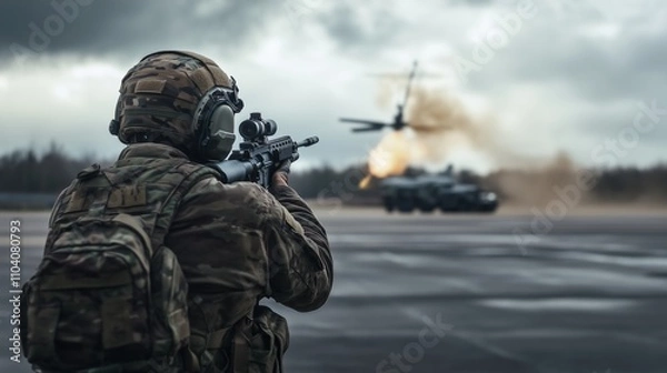 Fototapeta A fully equipped soldier wearing camouflage uniform attacks a military helicopter. Military vehicles in the background. Back view