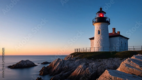 Fototapeta Lighthouse beacon illuminates rugged shoreline at early dawn