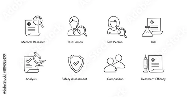 Obraz Clinical Trial and Research Icons. Clinical trial, Medical research, Researcher Participant, Control group, Data analysis
Efficacy, Safety, and Healthcare.