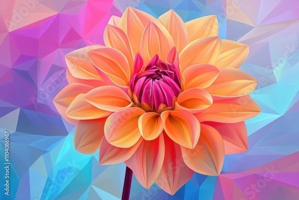 Fototapeta A stunningly vibrant dahlia flower in shades of orange and pink, set against a geometric, colorful background.